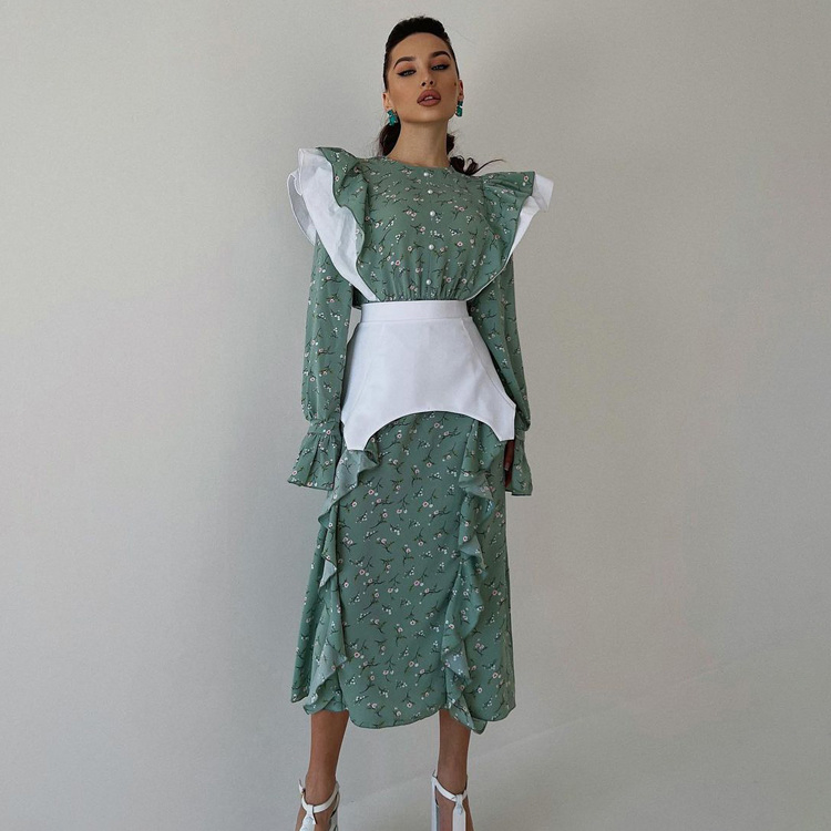 Estilo de Design Primavera e Outono Vestido de Manga Longa Cinto Removível Casual Floral Vestido Longo para Mulheres