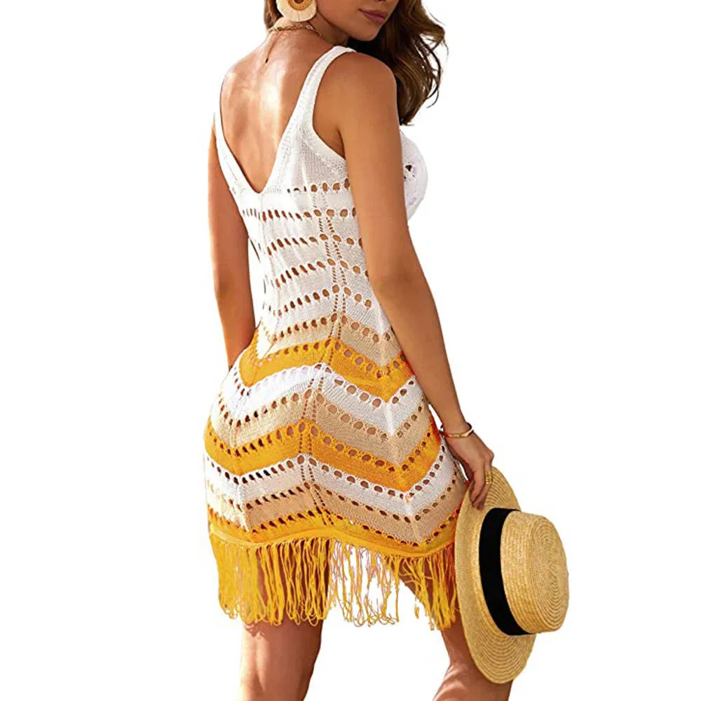 Vestido de Praia Tricotado Listrado Casual de Verão com Decote em V e Franjas para Mulheres