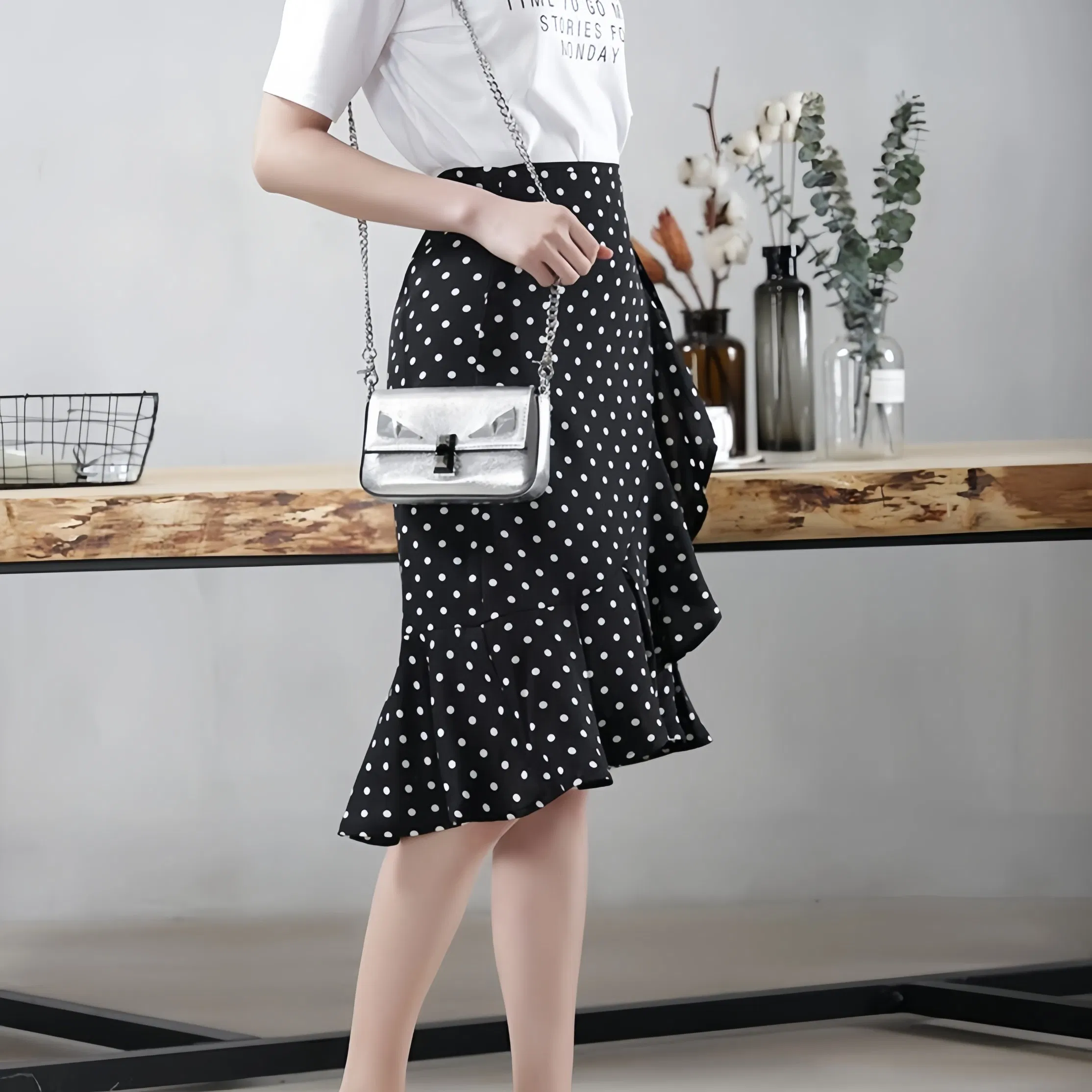 Fabricante de Roupas Personalizadas Saia Longa Casual Midi de Chiffon Irregular com Renda Fina de Verão, Alta na Cintura, Estilo Fishtail, Elegante para Senhoras