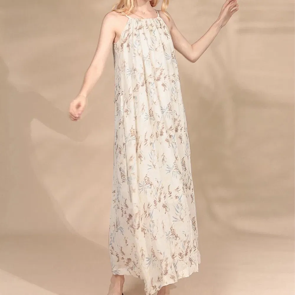Vestido de Praia Casual Personalizado para Mulheres, Vestido de Alça Sem Mangas, Estilo de Férias de Verão, Sexy, Decote em V, Vestido Midi Floral em Linho