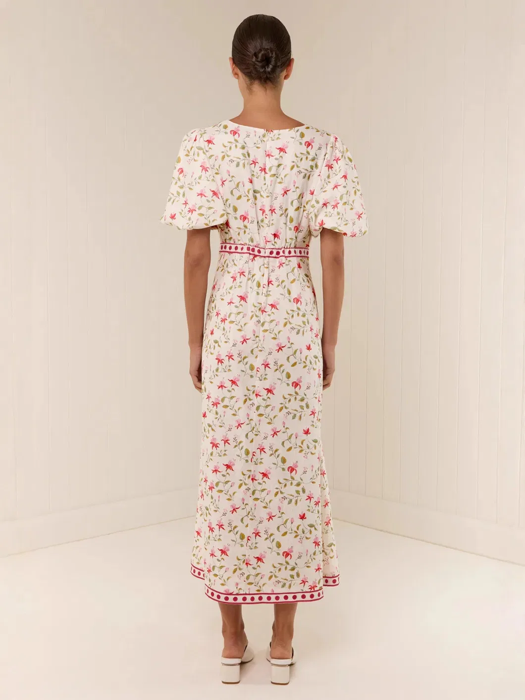 Vestido MIDI de Linho com Mistura para Mulheres, Decote Redondo, Manga Bufante, Estampa Floral com Acabamento em Contraste, Vestido Casual de Verão