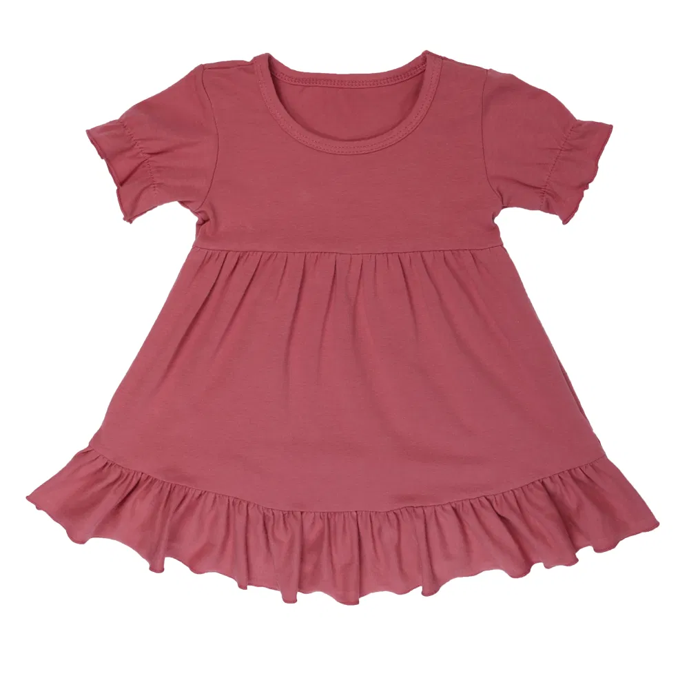 Vestido Casual de Verão Infantil de Manga Curta em Algodão Puro com Renda em Cores Sólidas