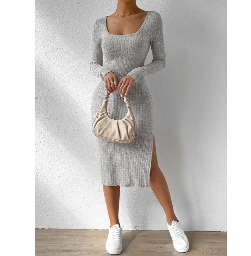 Americano Europeu Popular 2025spring Verão Novo Vestido Longo de Malha com Fenda de Manga Comprida e Gola Redonda Estilo Casual Justo Feminino