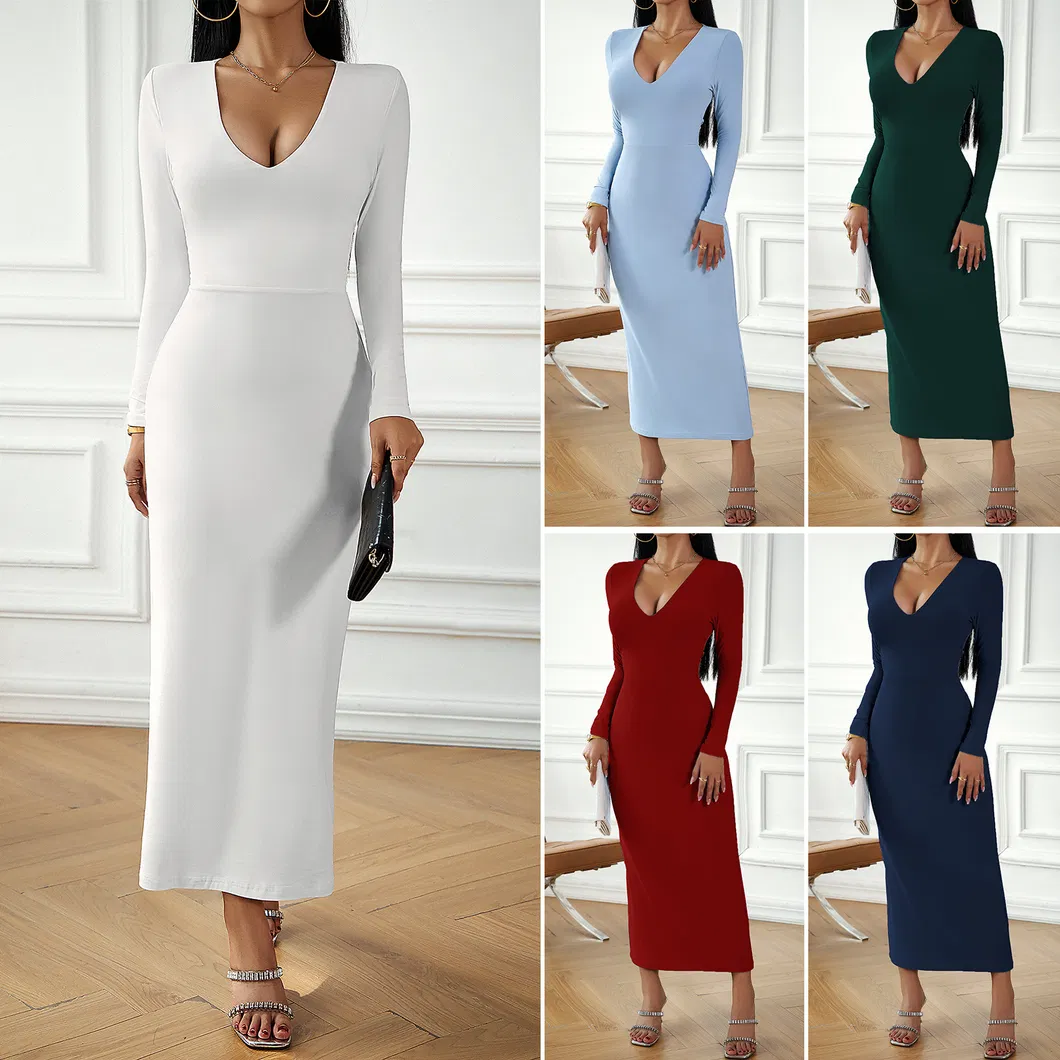 Vestido Casual de Carreira Feminino de Manga Longa com Decote em V Sexy para Outono e Inverno