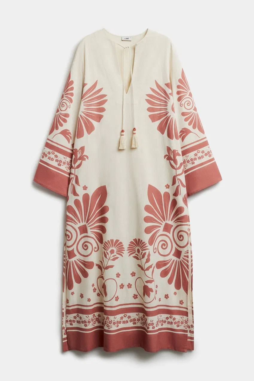 Vestido longo solto de linho floral clássico de alta qualidade para mulheres com uso casual