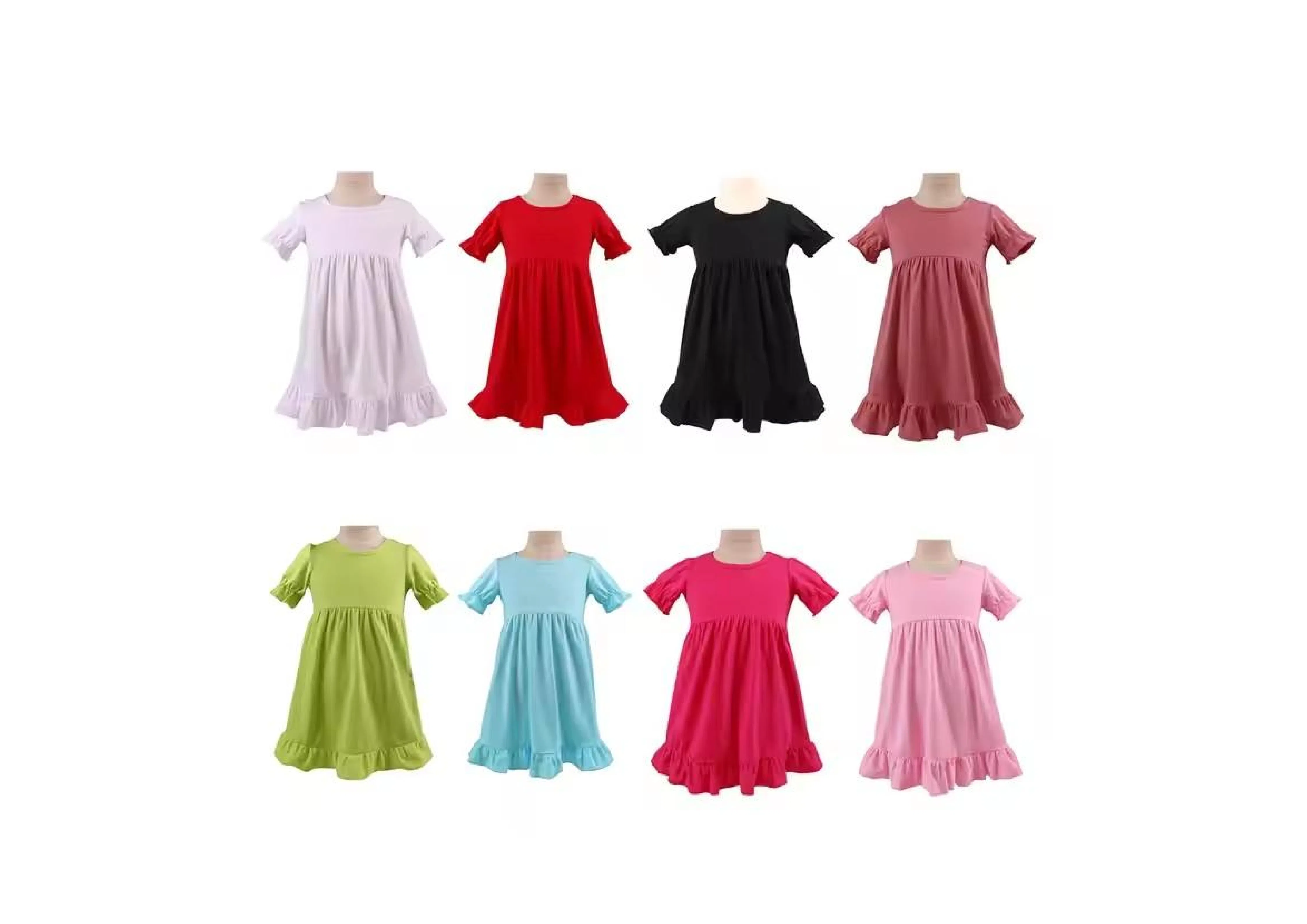 Vestido Casual de Verão Infantil de Manga Curta em Algodão Puro com Renda em Cores Sólidas