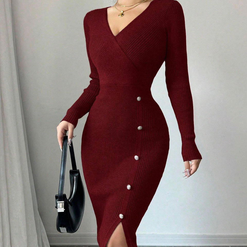 Vestido midi casual de malha com cintura natural em A francesa, com camada inferior justa e envoltório de quadril