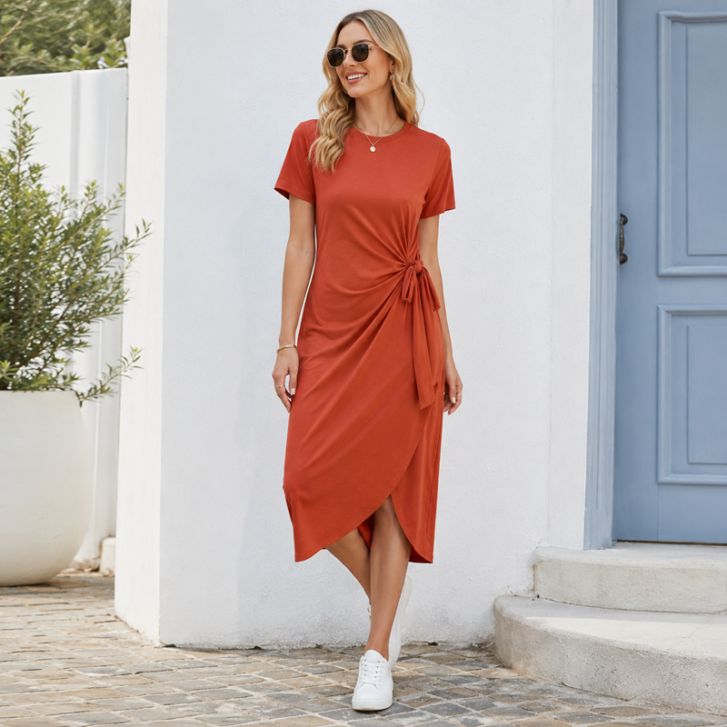 Vestido Casual de T-Shirt com Gola Redonda em Estoque Pronto para Vendas E-Commerce e Pedidos de Baixa Quantidade