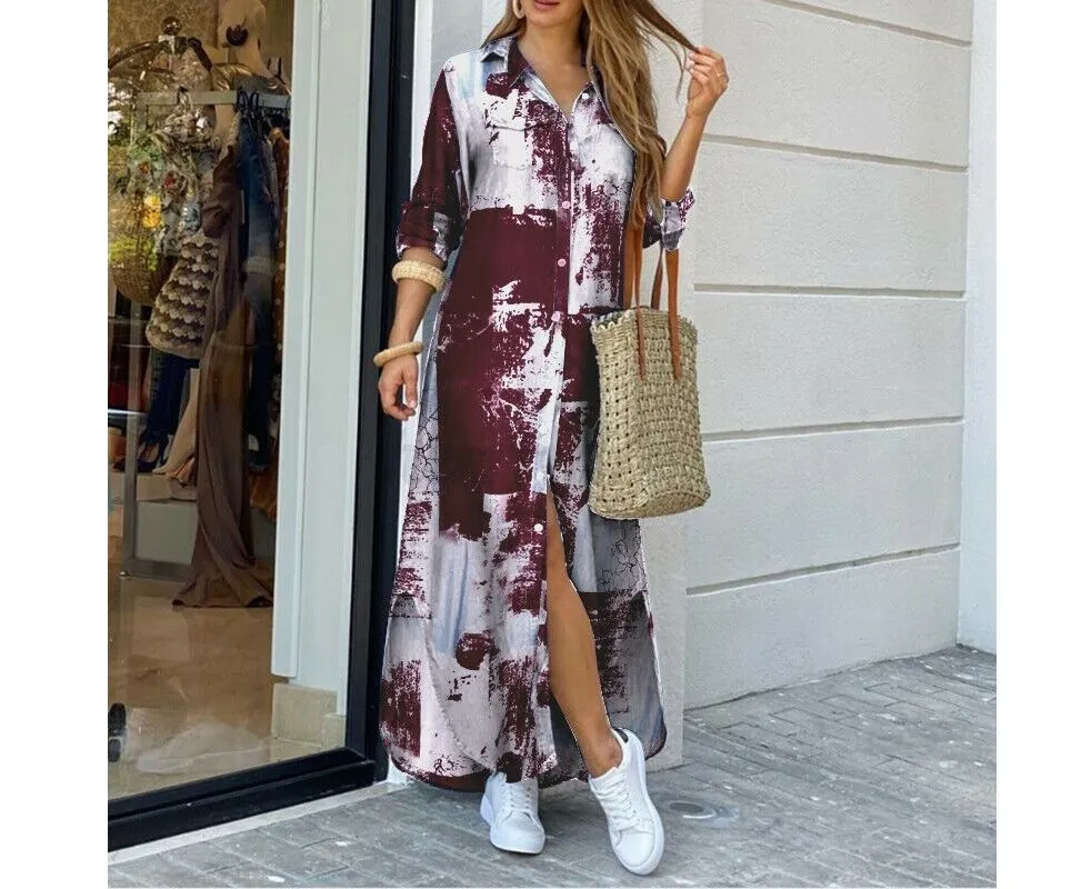 Vestido Camisa Feminino Casual de Manga Longa com Barra Irregular Estampada