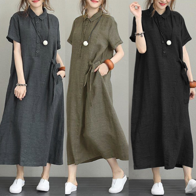 2023 Vestido Casual de Verão para Mulheres com Gola, Laço, Manga Curta, Camiseta de Algodão e Linho em Corte A