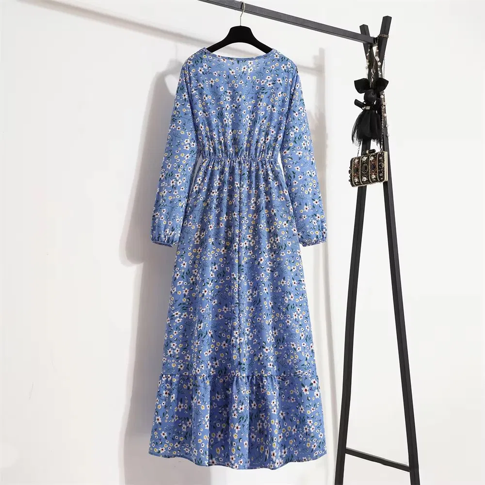 Vestido Maxi Boho de Primavera Verão para Mulheres Airy, Mangas Longas, Delicados Designs Florais, Gola Redonda, Casual e Elegante para Festas na Praia