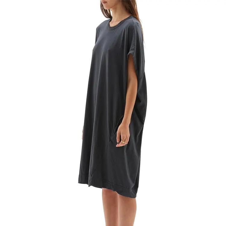 Vestido curto casual elegante para mulheres, vestido de camiseta solto em tamanho grande, feito de algodão de bambu preto para o verão
