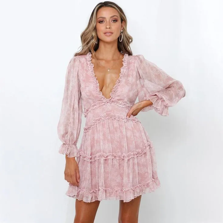 Vestido Casual de Manga Longa em V A-Line Boêmio para o Verão com Saia Curta
