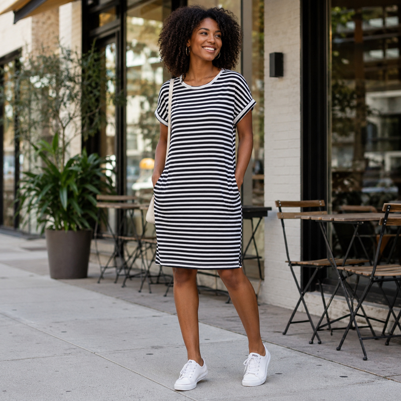 Vestido Casual de T-Shirt Solto com Mangas Curtas e Bolsos para Uso em Casa e Viagens