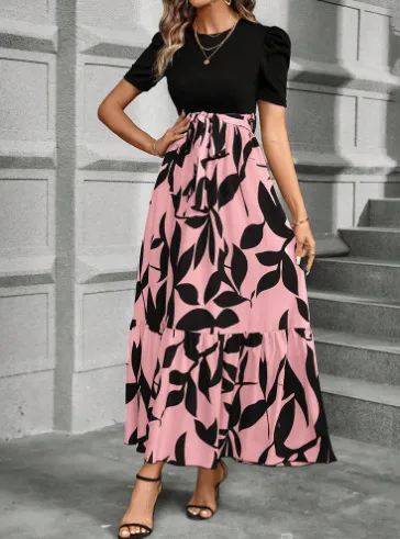Vestido Casual Longo com Estampa Floral, Top com Recortes e Cinto na Cintura para Mulheres