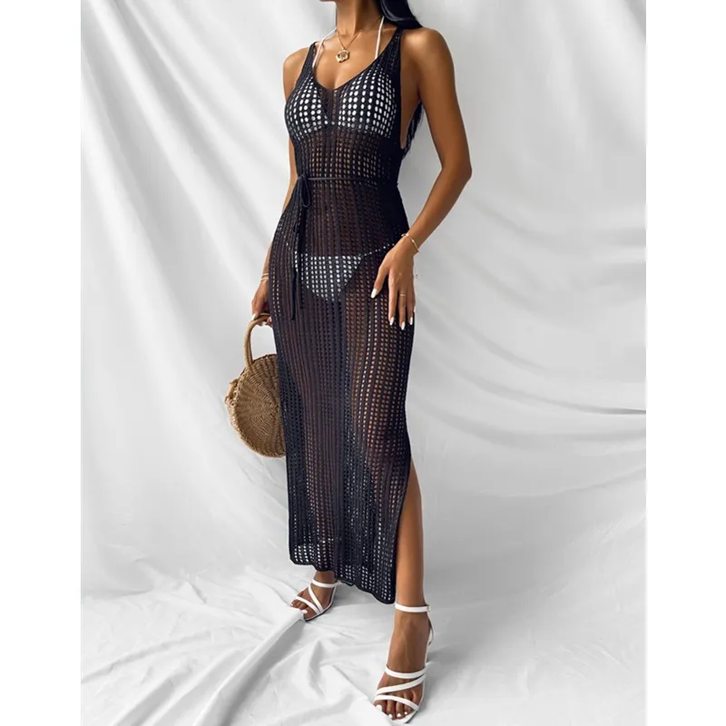 Vestido de Praia Tricotado Longo Ocasional Solto para Mulheres com Recortes Hollow-out de Verão