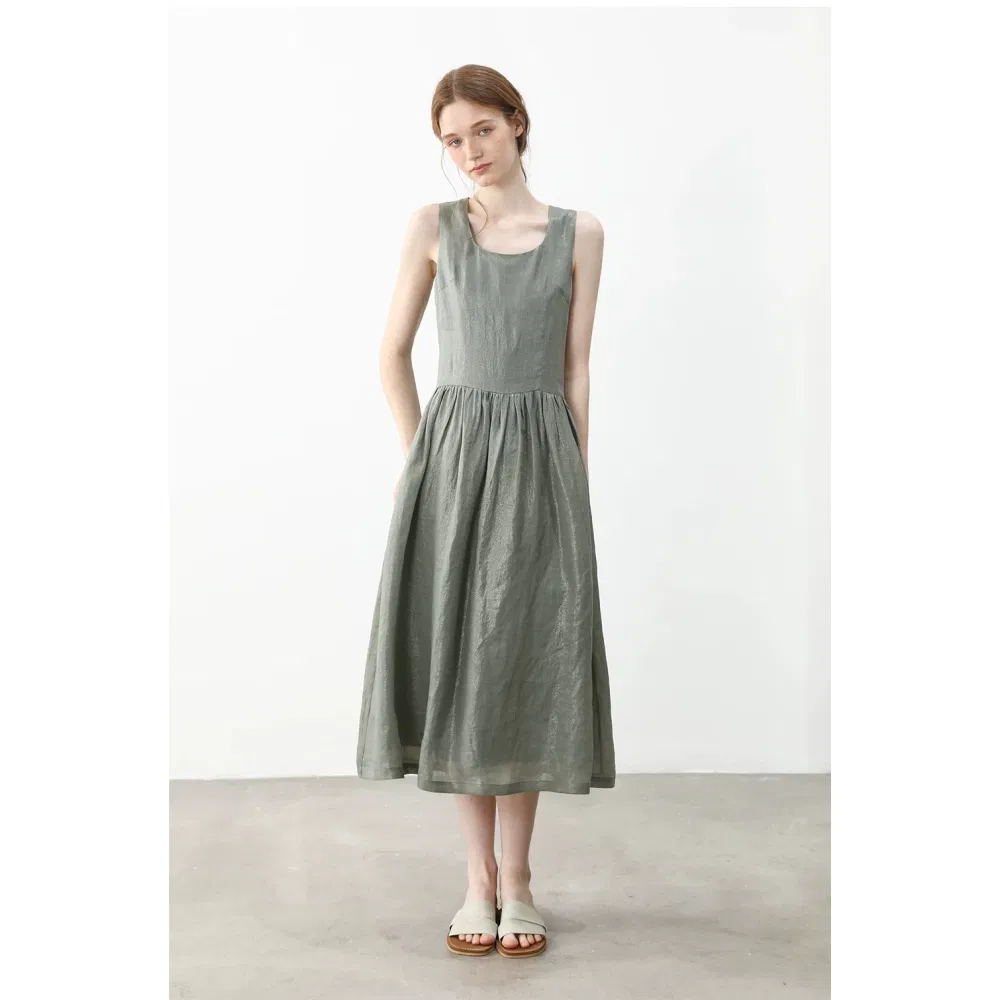 Vestido Maxi Sem Mangas de Linho com Glitter Dourado Personalizado OEM da China, Decote Quadrado Francês, Corte A, Casual para Trabalho no Escritório, Atacado de Verão para Mulheres