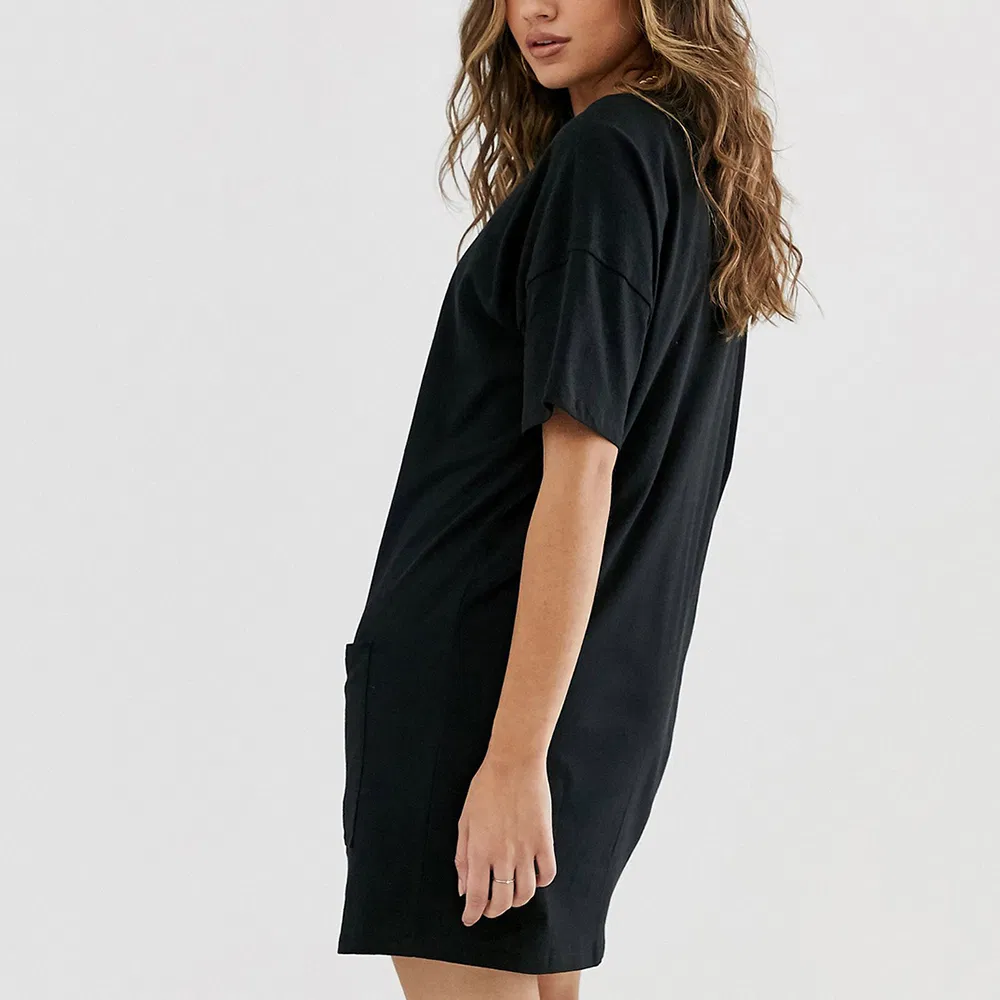 Vestido Casual de Verão Feminino Estilo Camiseta Elástica Solta com Bolso