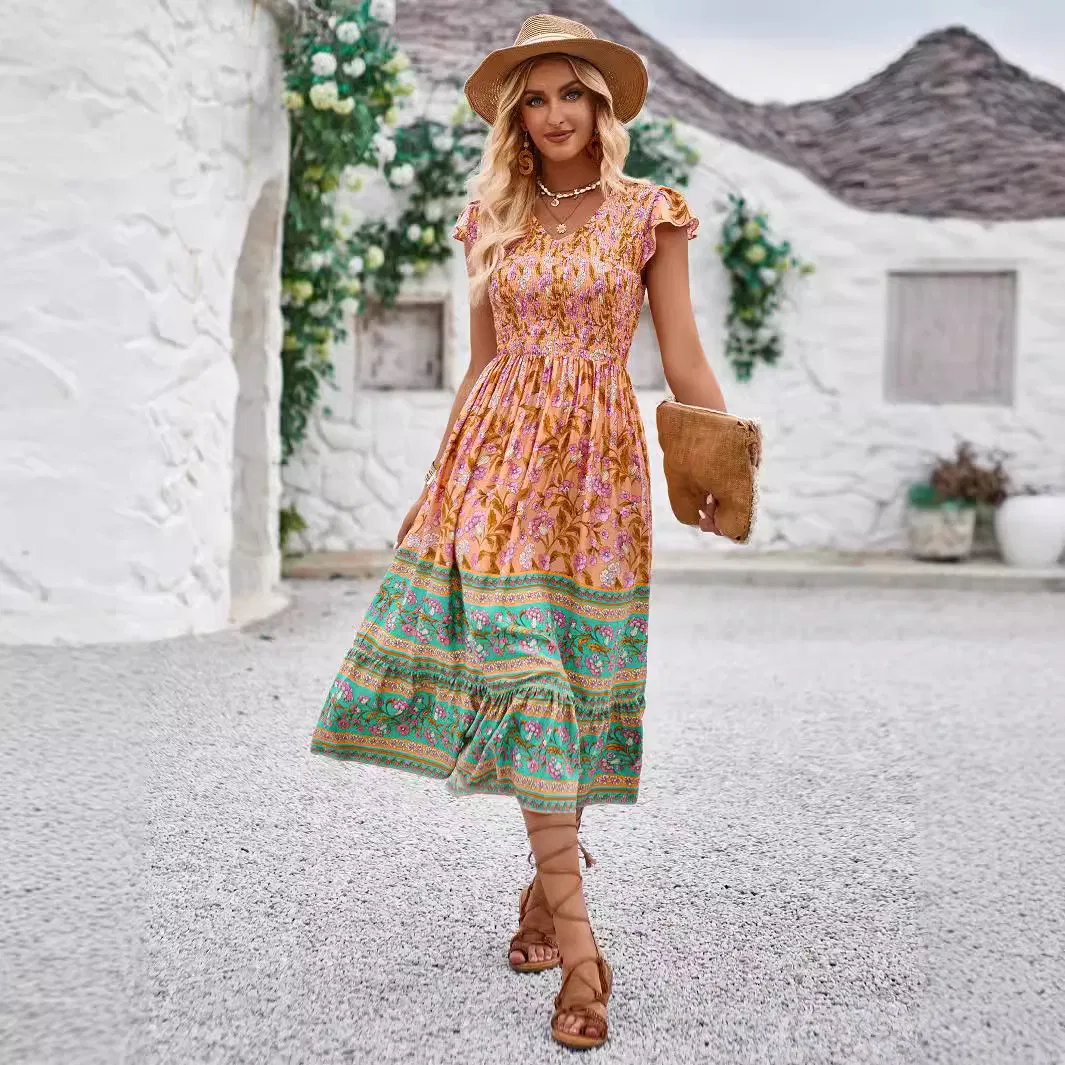 Vestido Casual Primavera Verão Estilo Fresco Estampado Decote em V Manga Voando Estilo Boho