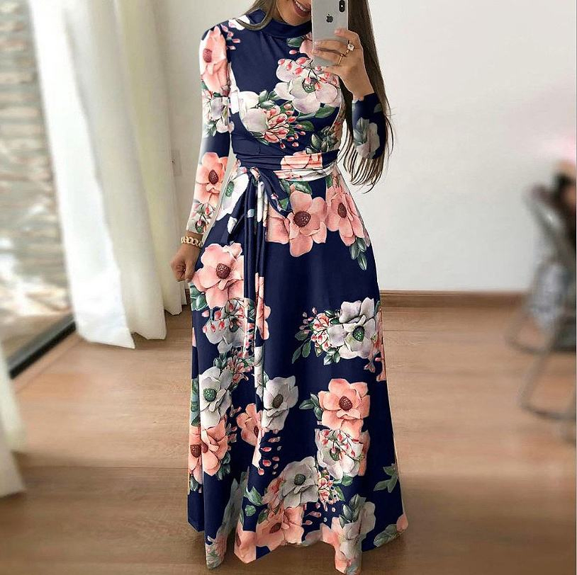 Fabricante de Roupas OEM Conjunto de Saia Longa Casual Feminina de Verão Estampada Floral Boho Vestido Maxi de Gola Alta Bandagem Vestidos Elegantes