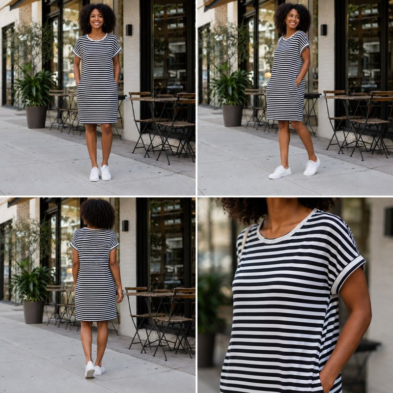 Vestido Casual de T-Shirt Solto com Mangas Curtas e Bolsos para Uso em Casa e Viagens