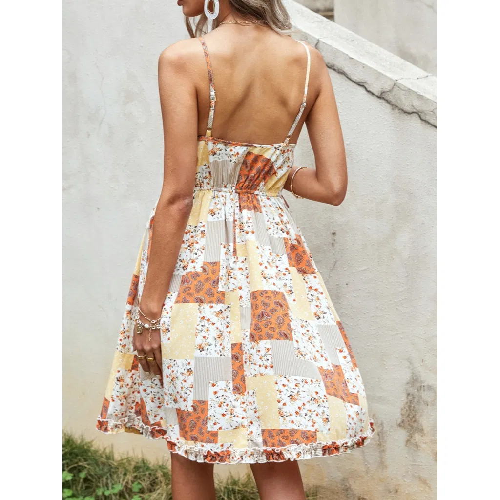 Vestido Midi Feminino Casual de Verão com Estampa Floral, Alças Finas e Solto