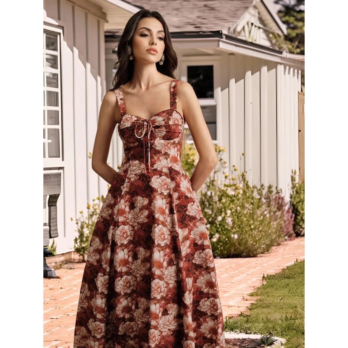 Vestido Cami Floral Rustico para Mulheres, Alça Larga, Decote Quadrado, Costas Descobertas, A-Line, Maxi, Casual, Festa, Praia, Uso em Férias