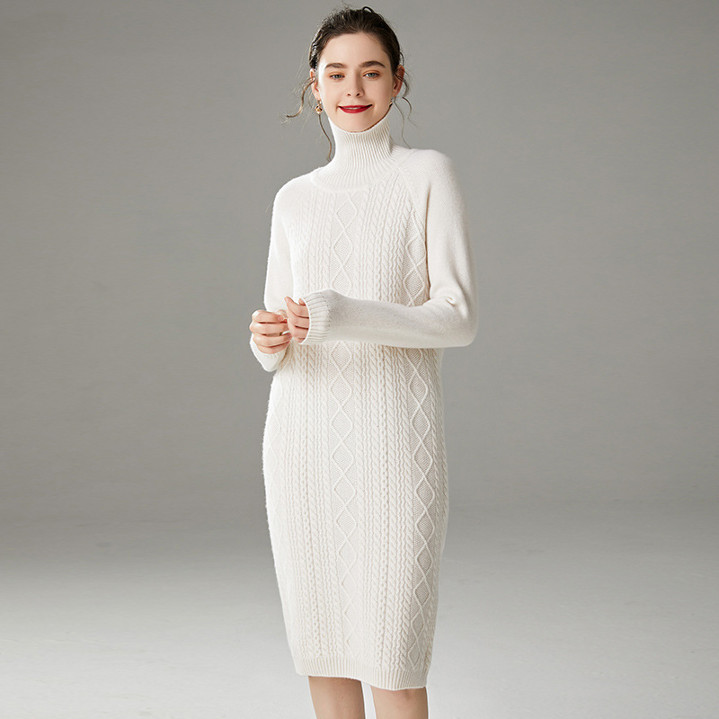 Vestido de malha de gola alta de manga longa em cor sólida casual de inverno