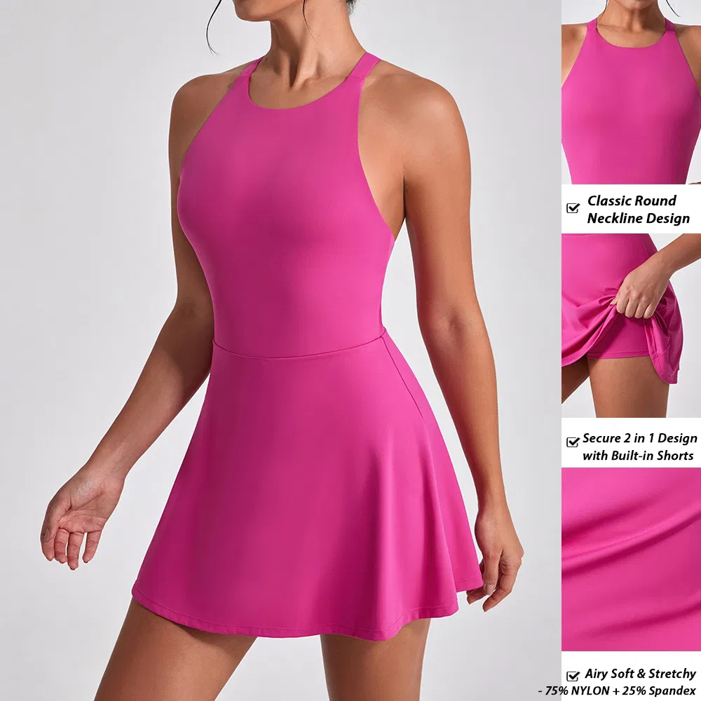 Vestidos de Tênis com Costas Cruzadas de Novo Design da Fábrica Tianchen com Shorts e Sutiã Embutidos, Vestido de Skort para Treino de Verão com Logo Personalizado, Roupas Atléticas para Golfe e Viagem
