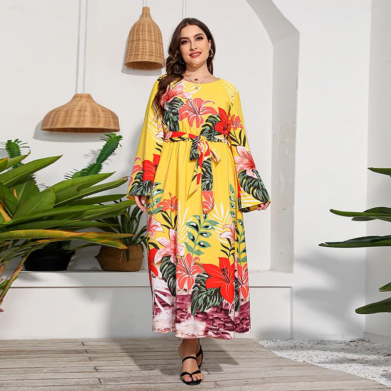 Vestido Casual Floral de Manga Longa Plus Size para Mulheres Moda Vestido