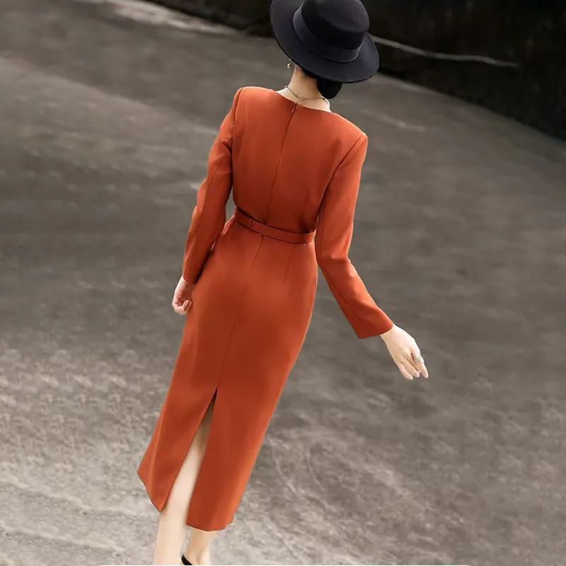 Novo Estilo Elegante Vestido Casual de Negócios Feminino de Manga Longa Laranja Corte Reto