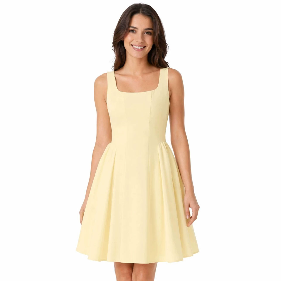 Vestido Mini Sem Mangas Preto Sólido com Gola Alta para Mulheres, Decote Quadrado, Corte A, Casual para Trabalho na Primavera, Outono e Verão