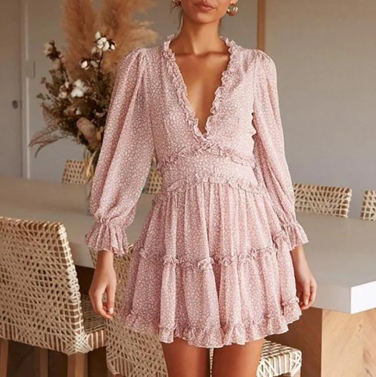 Vestido Casual de Manga Longa em V A-Line Boêmio para o Verão com Saia Curta