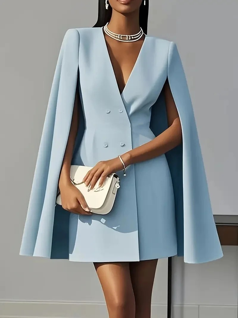 Vestido de Blazer Sólido para Mulheres, Comutador, Escritório, Dupla Frente, Cintura, Festa, Elegante, Decote em V, Manga de Capa, Roupas Femininas, Vestido Casual MIDI