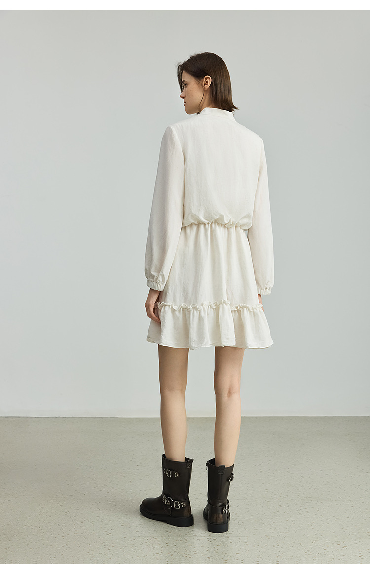Vestido de Verão Feminino de Lazer Atacado com Saia de Babados, Cintura Elástica, Vestido de Camisa de Linho para Uso Casual e Oficial