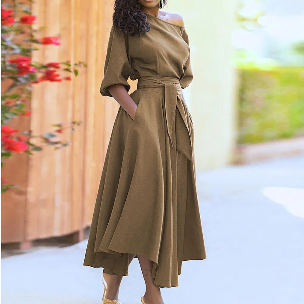 Vestido Casual de Malha Feminino Outono Inverno Vestido Feminino Simples Slim com Cinto na Cintura em Cor Sólida