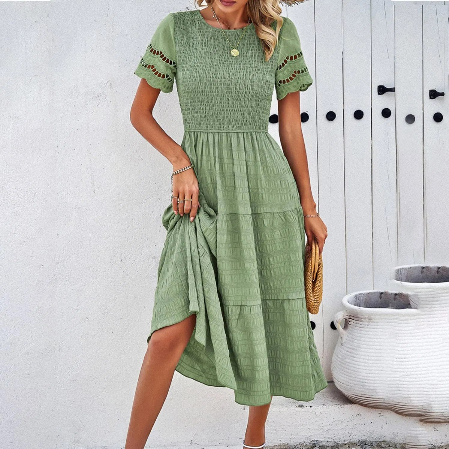 Vestido MIDI Casual Manga Curta Manga Bufante Longo Fluido em A D802 Vestidos de Verão Femininos Garantia de Comércio Natural Simples Adultos