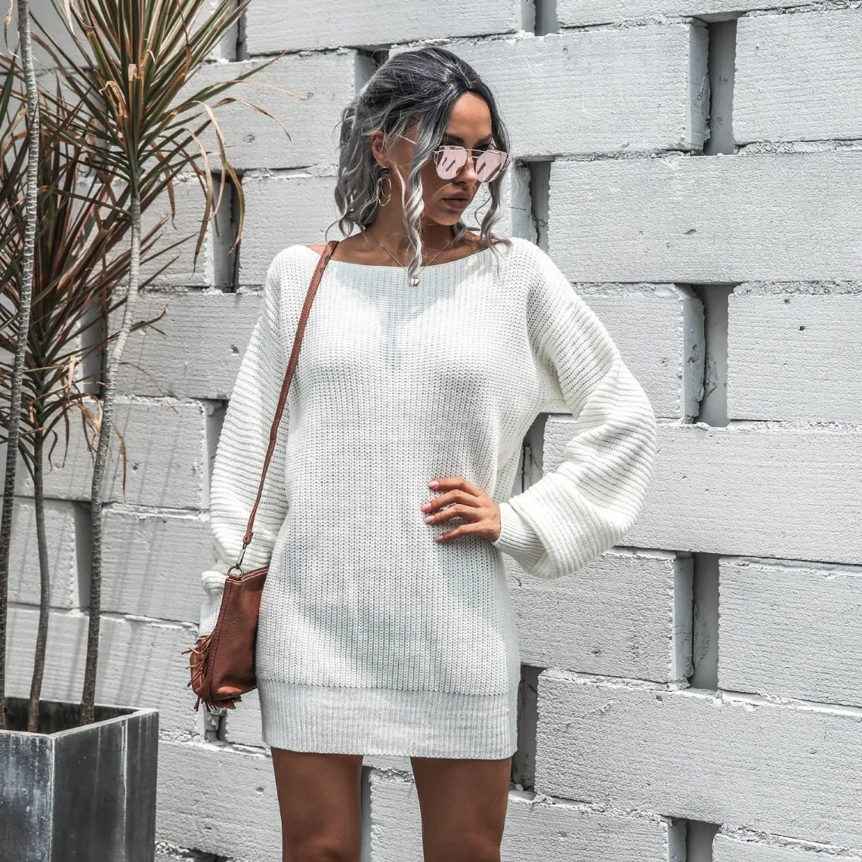 Vestido Sexy Tricotado para Mulheres Outono Inverno; Vestido Casual de Suéter com Ombros à Mostra e Mangas de Lanterna
