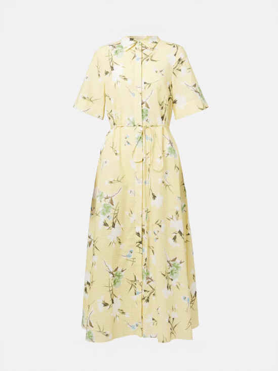 Vestido Midi Camisa Floral Amarelo para Mulheres com Mangas Curtas e Cinto Amarrado Casual para o Verão