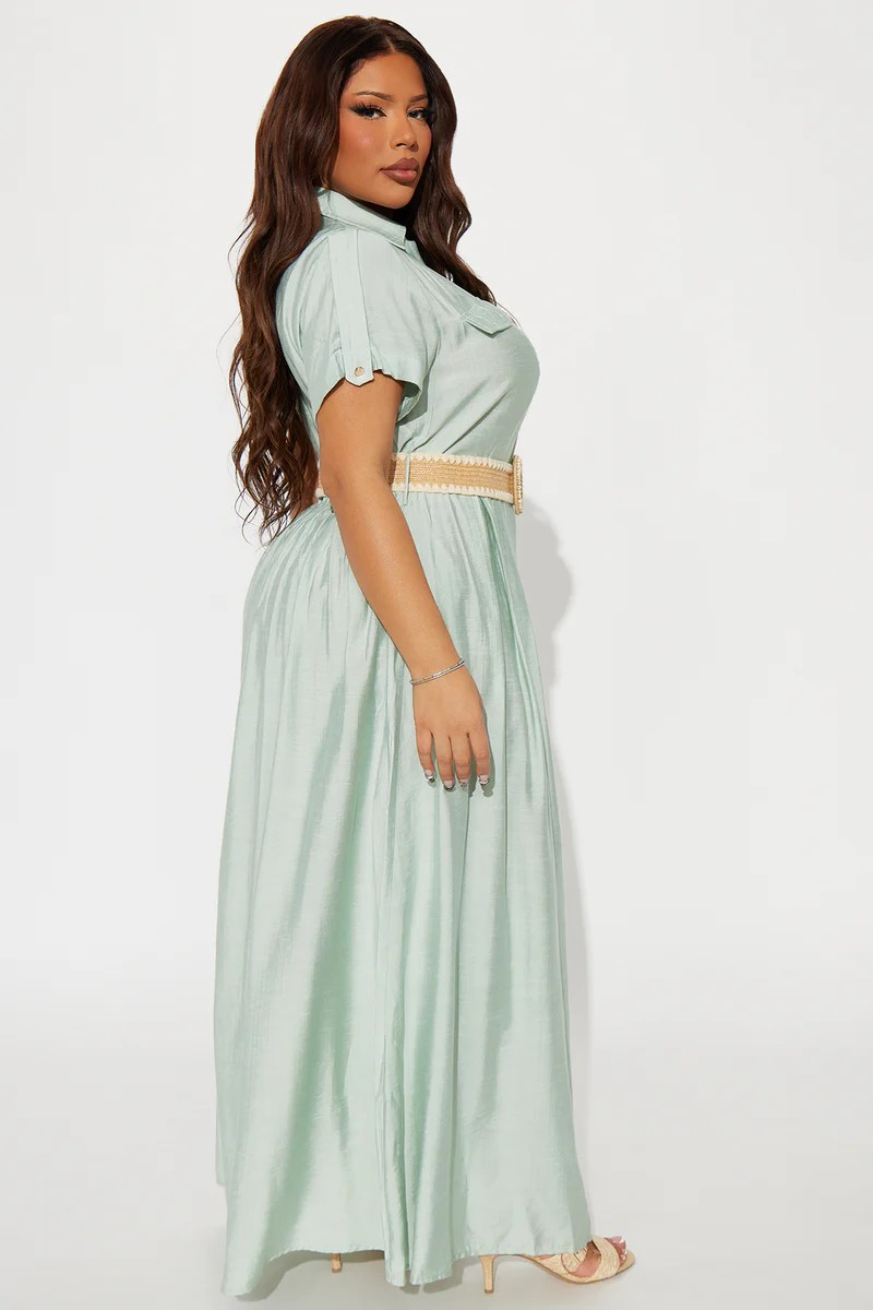Vestido Maxi de Camisa de Seda para Mulheres com Gola, Manga Curta com Bolsos no Peito, Frente com Botões e Fenda Alta, Vestido Longo Fluido com Cinto Combinar para Férias e Uso Casual