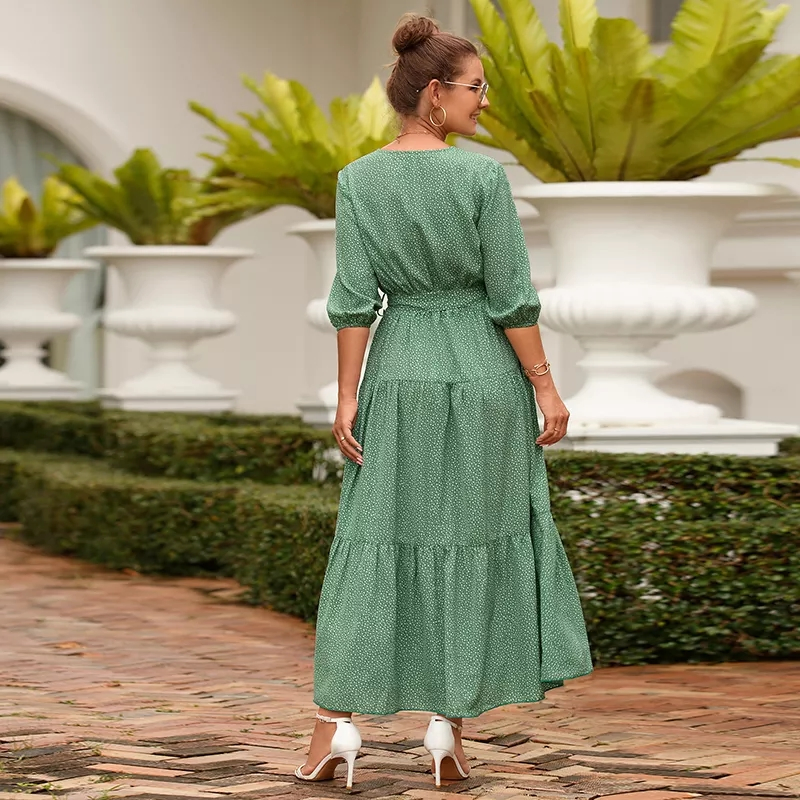 Vestidos Elegantes para Mulheres Adultas Maxi Tamanho Plus Vestido Verde com Poás Mulheres Roupas Casuais com Cinto de Cintura Envolvente com Babados