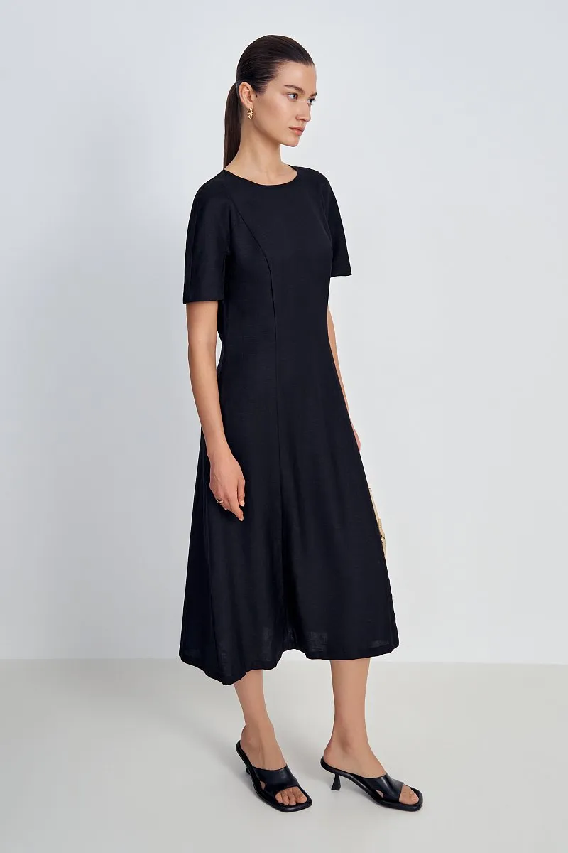 Vestido Casual de Linho Personalizado para Mulheres com Manga Curta e Decote Redondo