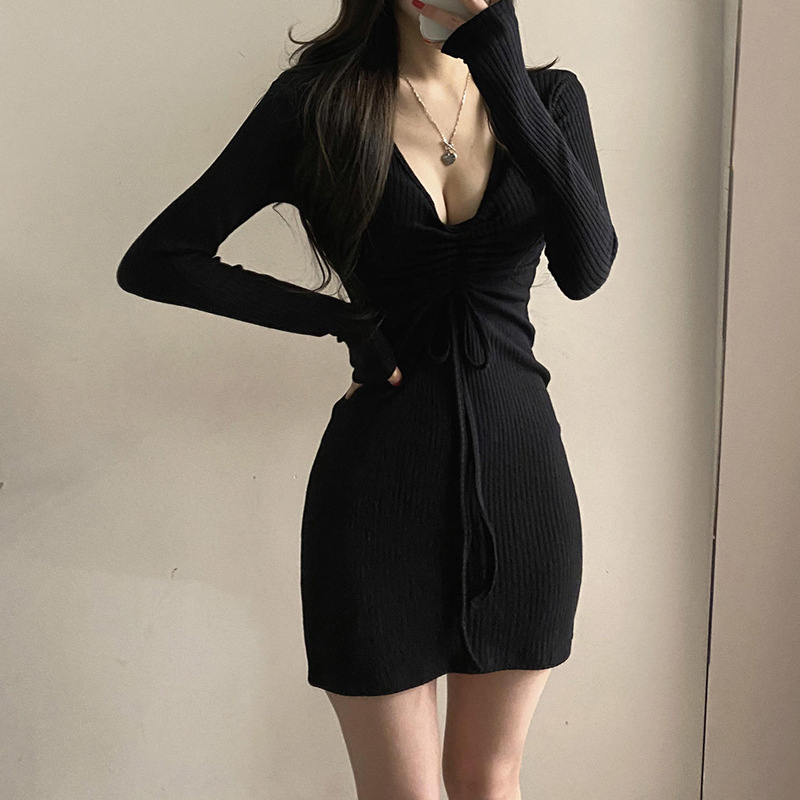 Vestido Justo de Malha com Mangas Longas e Cordão para Mulheres Casual