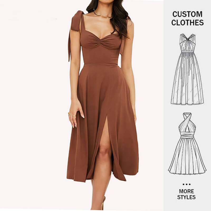 Fabricante de Roupas Personalizadas Vestidos de Festa Midi com Decote em V Elegantes Casuais com Renda e Fenda para Mulheres