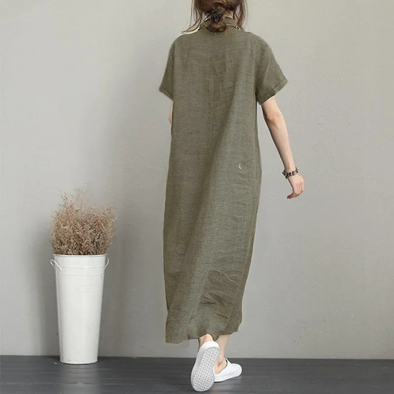 2023 Vestido Casual de Verão para Mulheres com Gola, Laço, Manga Curta, Camiseta de Algodão e Linho em Corte A
