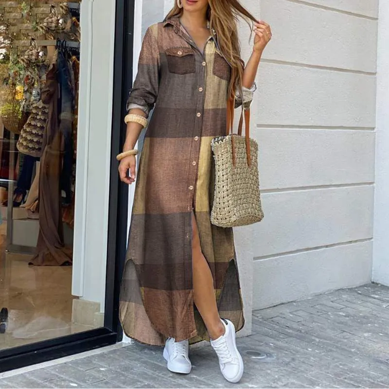 Vestido Camisa Feminino Casual de Manga Longa com Barra Irregular Estampada