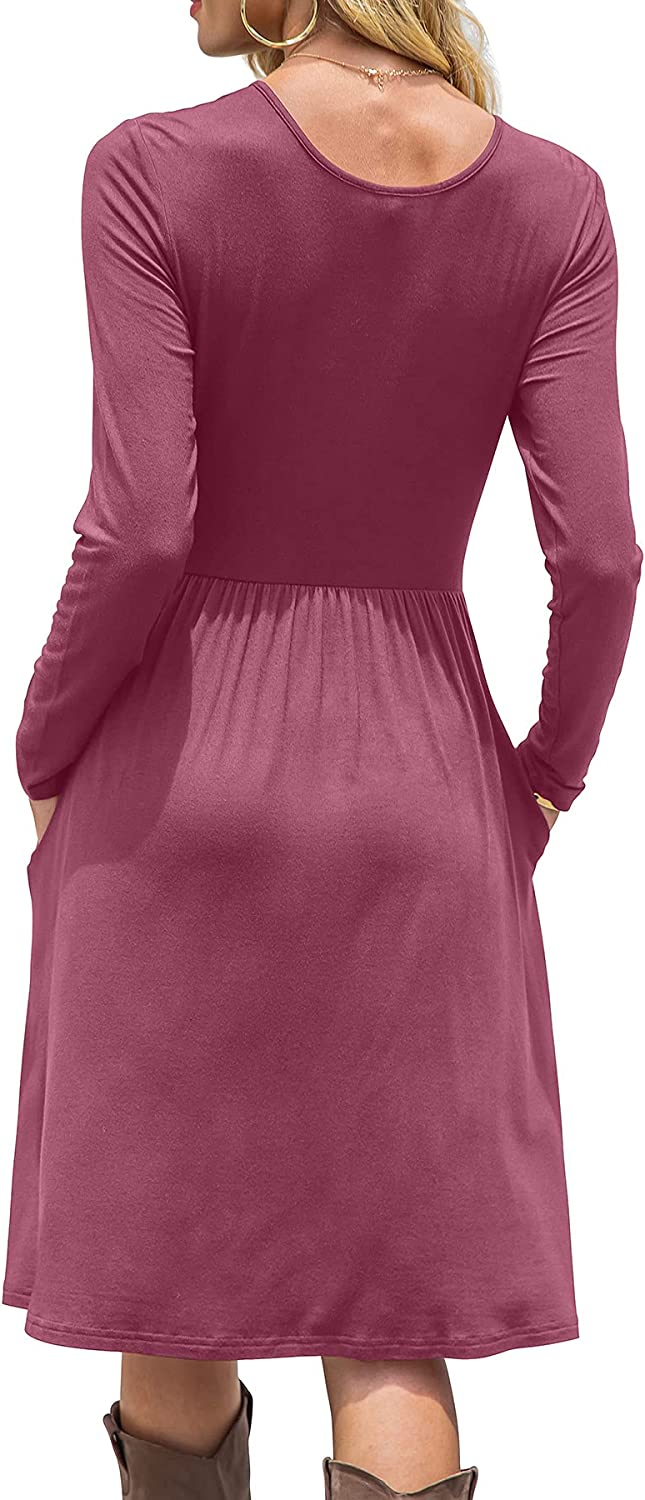 Vestidos Casuais Femininos de Manga Longa com Cintura Império, Vestido Solto com Bolsos