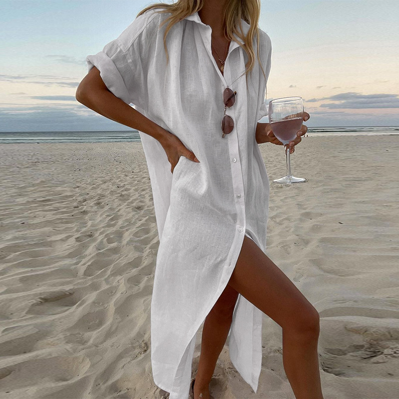 Camisa de algodão casual de manga curta, estilo de praia de verão, cor sólida, comprimento da moda, vestido feminino de alta qualidade