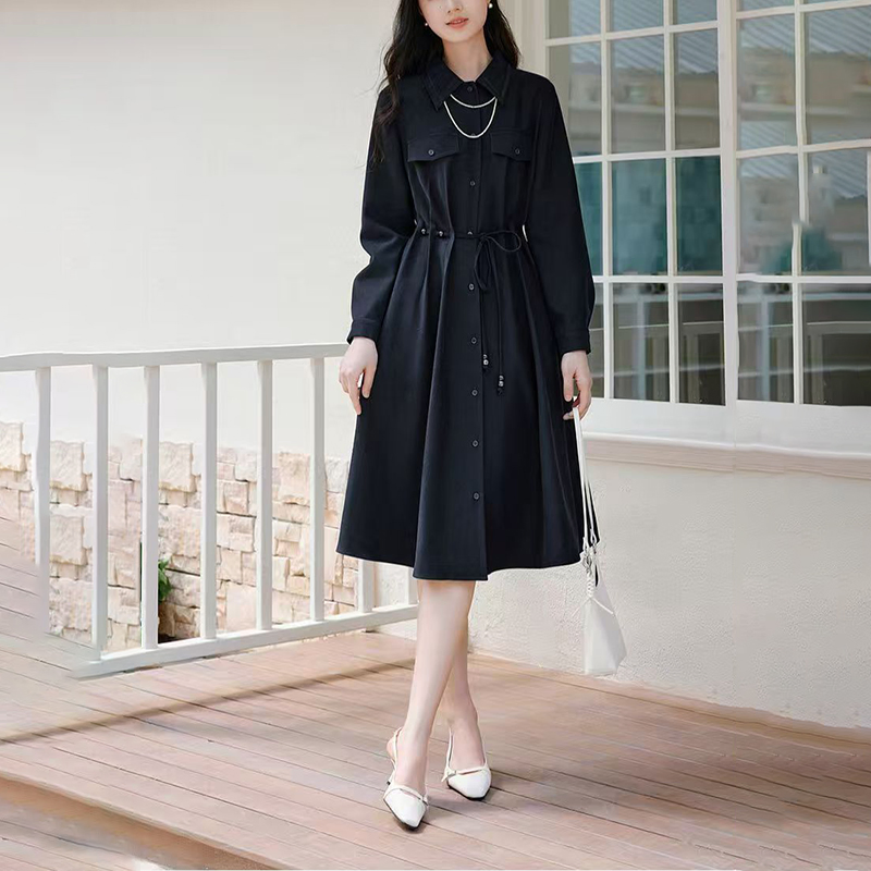 Novo Estilo Estilo Francês Blusa Vestido Casual de Manga Longa com Gola Ajustada para o Dia