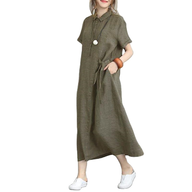 2023 Vestido Casual de Verão para Mulheres com Gola, Laço, Manga Curta, Camiseta de Algodão e Linho em Corte A